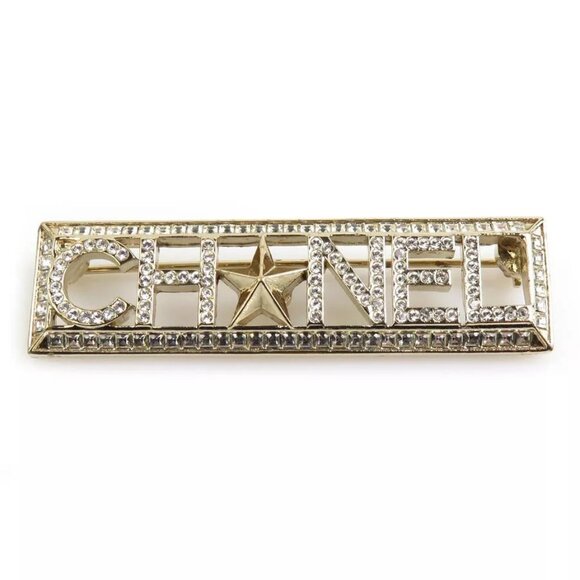 Auth CHANEL Logo Star Brooch Gold/Silver Metal/Rhinestone - Picture 1 of 16